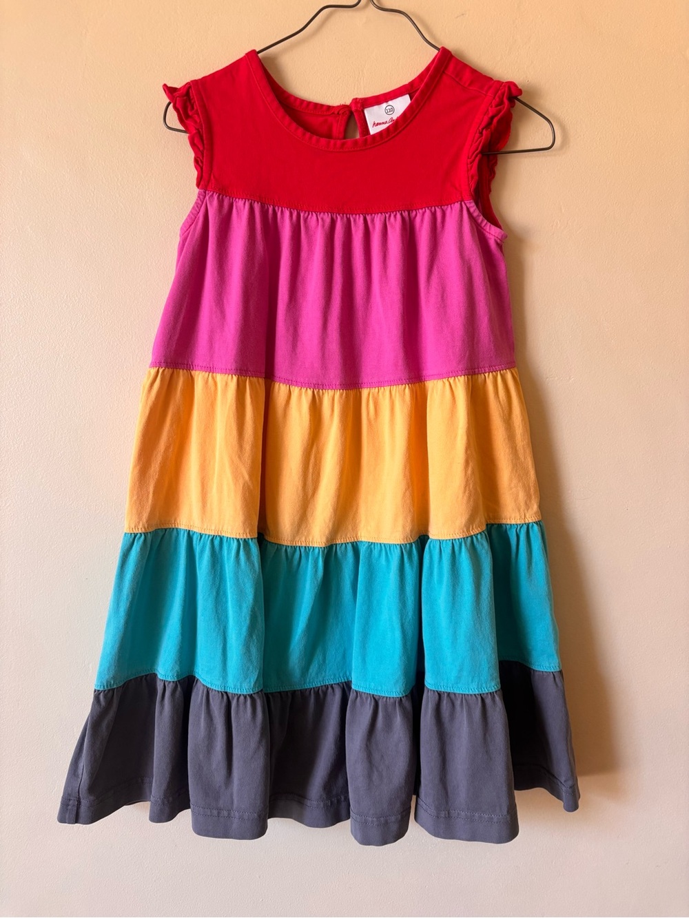 Hanna Andersson Kids Colorblock Tiered Dress - Red Pink Yellow Teal Gray Size 5